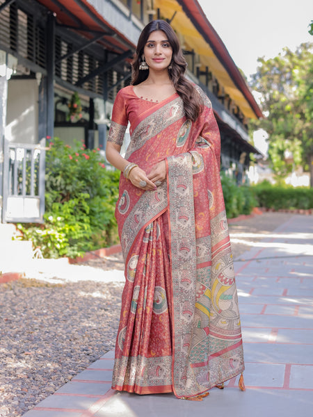 Rust Red Madhubani Fish Art Pure Handloom Cotton Saree with Contrast Blouse & Tassels