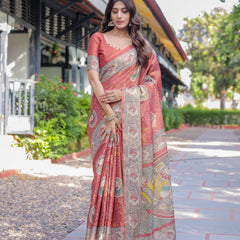 Rust Red Madhubani Fish Art Pure Handloom Cotton Saree with Contrast Blouse & Tassels
