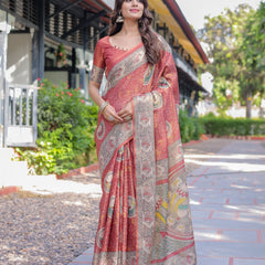 Rust Red Madhubani Fish Art Pure Handloom Cotton Saree with Contrast Blouse & Tassels