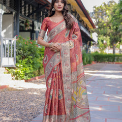 Rust Red Madhubani Fish Art Pure Handloom Cotton Saree with Contrast Blouse & Tassels