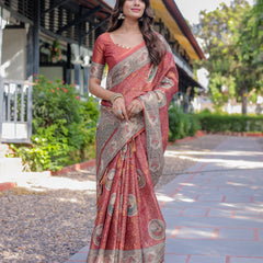 Rust Red Madhubani Fish Art Pure Handloom Cotton Saree with Contrast Blouse & Tassels