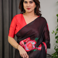 Black Satin Georgette Rose Printed Saree with Attached Blouse – Elegant Partywear Designer Saree with Red Floral Artwork