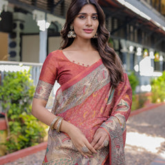 Rust Red Madhubani Fish Art Pure Handloom Cotton Saree with Contrast Blouse & Tassels