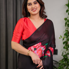Black Satin Georgette Rose Printed Saree with Attached Blouse – Elegant Partywear Designer Saree with Red Floral Artwork
