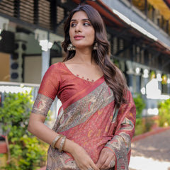 Rust Red Madhubani Fish Art Pure Handloom Cotton Saree with Contrast Blouse & Tassels