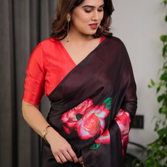 Black Satin Georgette Rose Printed Saree with Attached Blouse – Elegant Partywear Designer Saree with Red Floral Artwork