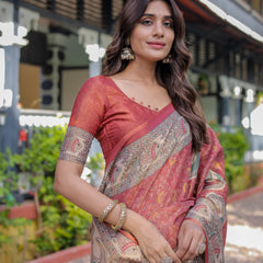 Rust Red Madhubani Fish Art Pure Handloom Cotton Saree with Contrast Blouse & Tassels