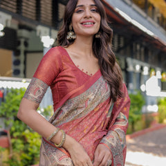 Rust Red Madhubani Fish Art Pure Handloom Cotton Saree with Contrast Blouse & Tassels