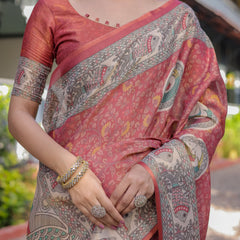 Rust Red Madhubani Fish Art Pure Handloom Cotton Saree with Contrast Blouse & Tassels