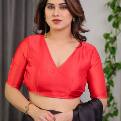Black Satin Georgette Rose Printed Saree with Attached Blouse – Elegant Partywear Designer Saree with Red Floral Artwork