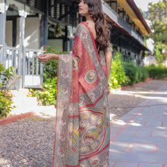Rust Red Madhubani Fish Art Pure Handloom Cotton Saree with Contrast Blouse & Tassels