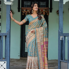 Turquoise Blue Handloom Cotton Saree with Multicolor Floral Pallu & Peach Border
