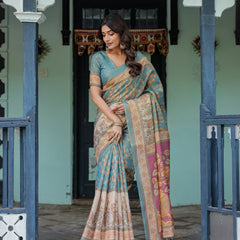 Turquoise Blue Handloom Cotton Saree with Multicolor Floral Pallu & Peach Border