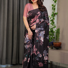 Black Satin Georgette Floral Printed Saree with Attached Blouse – Elegant Soft-Flow Designer Saree in Mauve Pink Florals