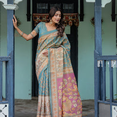 Turquoise Blue Handloom Cotton Saree with Multicolor Floral Pallu & Peach Border