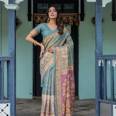 Turquoise Blue Handloom Cotton Saree with Multicolor Floral Pallu & Peach Border