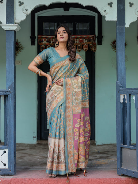 Turquoise Blue Handloom Cotton Saree with Multicolor Floral Pallu & Peach Border