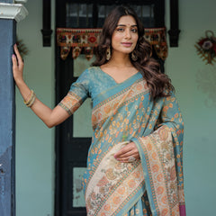 Turquoise Blue Handloom Cotton Saree with Multicolor Floral Pallu & Peach Border