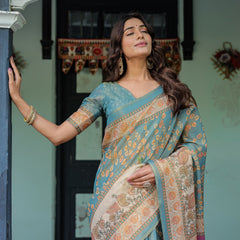 Turquoise Blue Handloom Cotton Saree with Multicolor Floral Pallu & Peach Border