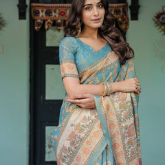 Turquoise Blue Handloom Cotton Saree with Multicolor Floral Pallu & Peach Border