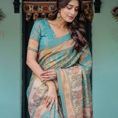Turquoise Blue Handloom Cotton Saree with Multicolor Floral Pallu & Peach Border