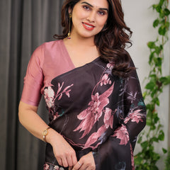 Black Satin Georgette Floral Printed Saree with Attached Blouse – Elegant Soft-Flow Designer Saree in Mauve Pink Florals