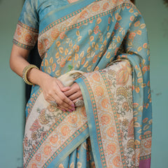 Turquoise Blue Handloom Cotton Saree with Multicolor Floral Pallu & Peach Border