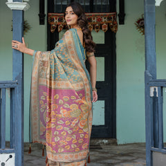Turquoise Blue Handloom Cotton Saree with Multicolor Floral Pallu & Peach Border
