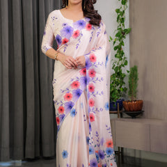 Cream Satin Georgette Multicolor Floral Printed Saree with Attached Blouse – Soft Pastel Designer Saree for Festive & Elegant Wear