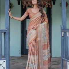 Burnt Peach Handloom Cotton Saree with Floral Buta Design & Village Scene Pallu