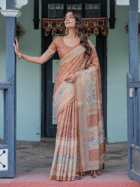 Burnt Peach Handloom Cotton Saree with Floral Buta Design & Village Scene Pallu