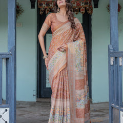 Burnt Peach Handloom Cotton Saree with Floral Buta Design & Village Scene Pallu