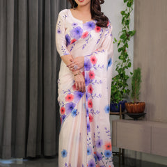 Cream Satin Georgette Multicolor Floral Printed Saree with Attached Blouse – Soft Pastel Designer Saree for Festive & Elegant Wear