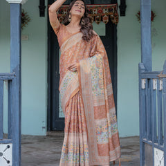 Burnt Peach Handloom Cotton Saree with Floral Buta Design & Village Scene Pallu