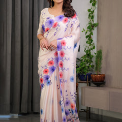 Cream Satin Georgette Multicolor Floral Printed Saree with Attached Blouse – Soft Pastel Designer Saree for Festive & Elegant Wear