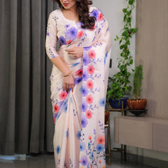 Cream Satin Georgette Multicolor Floral Printed Saree with Attached Blouse – Soft Pastel Designer Saree for Festive & Elegant Wear