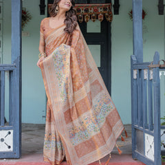 Burnt Peach Handloom Cotton Saree with Floral Buta Design & Village Scene Pallu