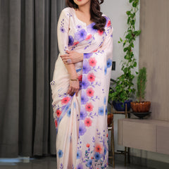 Cream Satin Georgette Multicolor Floral Printed Saree with Attached Blouse – Soft Pastel Designer Saree for Festive & Elegant Wear