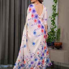 Cream Satin Georgette Multicolor Floral Printed Saree with Attached Blouse – Soft Pastel Designer Saree for Festive & Elegant Wear