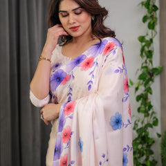 Cream Satin Georgette Multicolor Floral Printed Saree with Attached Blouse – Soft Pastel Designer Saree for Festive & Elegant Wear