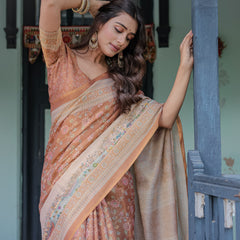 Burnt Peach Handloom Cotton Saree with Floral Buta Design & Village Scene Pallu