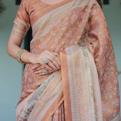 Burnt Peach Handloom Cotton Saree with Floral Buta Design & Village Scene Pallu