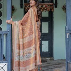 Burnt Peach Handloom Cotton Saree with Floral Buta Design & Village Scene Pallu