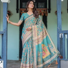 Teal Green Handloom Cotton Saree with Floral Print & Royal Bridal Procession Pallu