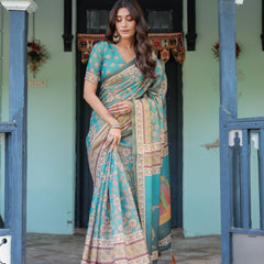 Teal Green Handloom Cotton Saree with Floral Print & Royal Bridal Procession Pallu