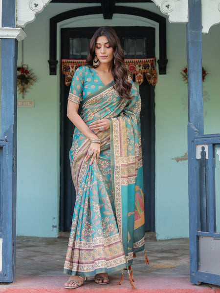Teal Green Handloom Cotton Saree with Floral Print & Royal Bridal Procession Pallu