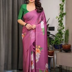 Pink Satin Georgette Saree with Bold Floral Prints & Matching Attached Blouse – Festive & Partywear Elegance