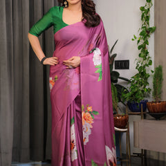 Pink Satin Georgette Saree with Bold Floral Prints & Matching Attached Blouse – Festive & Partywear Elegance