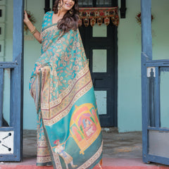 Teal Green Handloom Cotton Saree with Floral Print & Royal Bridal Procession Pallu