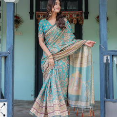 Teal Green Handloom Cotton Saree with Floral Print & Royal Bridal Procession Pallu
